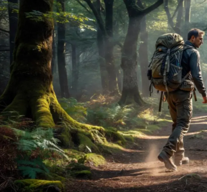 Trekking hátizsák erdei ösvényen, túrázó felszereléssel