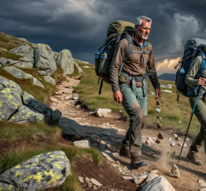 Hátizsákos túrázók hegyi ösvényen, Kaland Quest kaland hangulat