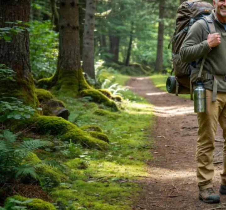Mosolygó túrázó hátizsákkal egy hegyi ösvényen