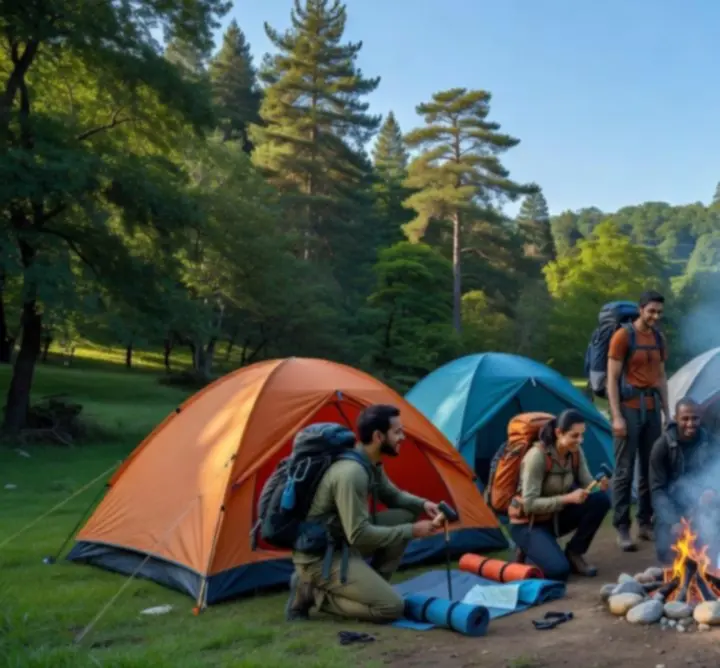 Kempingezők sátorral és tábortűzzel egy erdei tisztáson naplementében