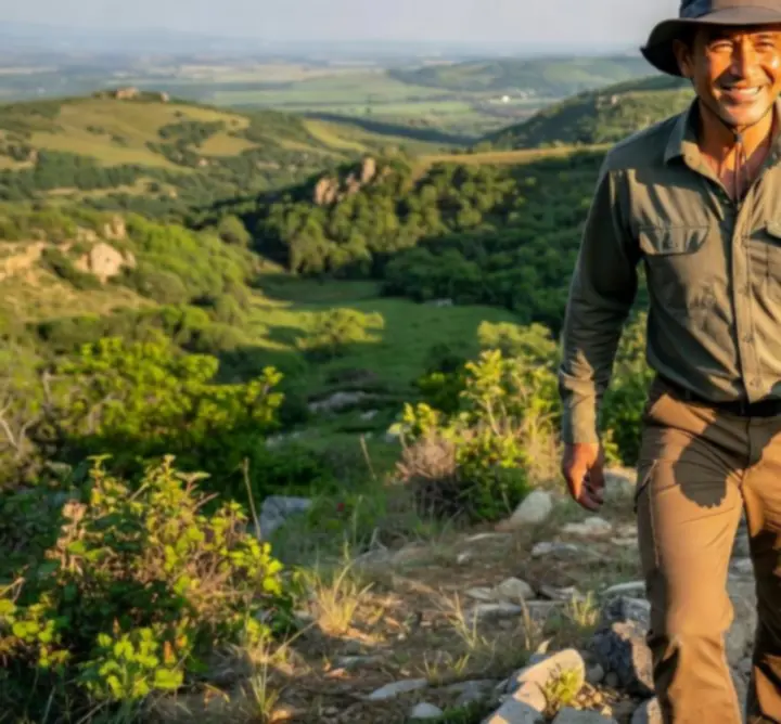 Vásárló Kaland Quest túraruházatban erdei ösvényen