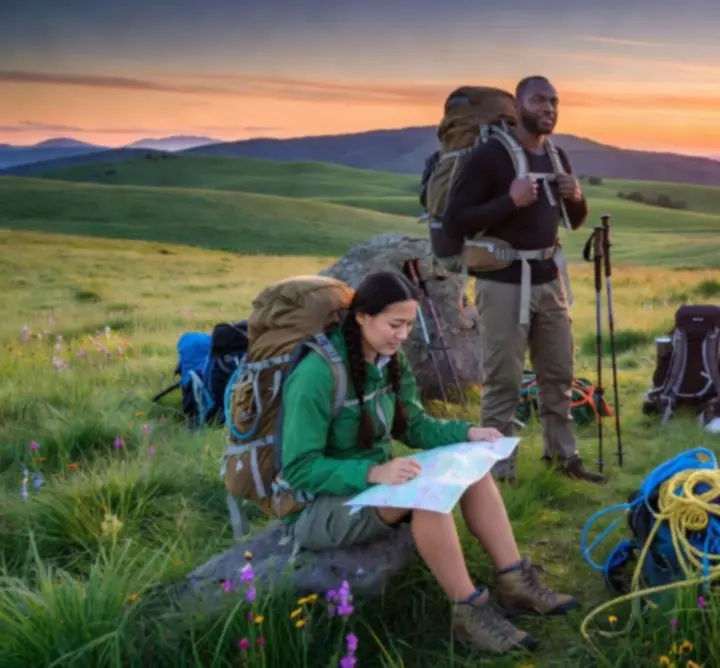 Különböző kalandorok egy magyar hegyvidéki tájon indulásra készülnek