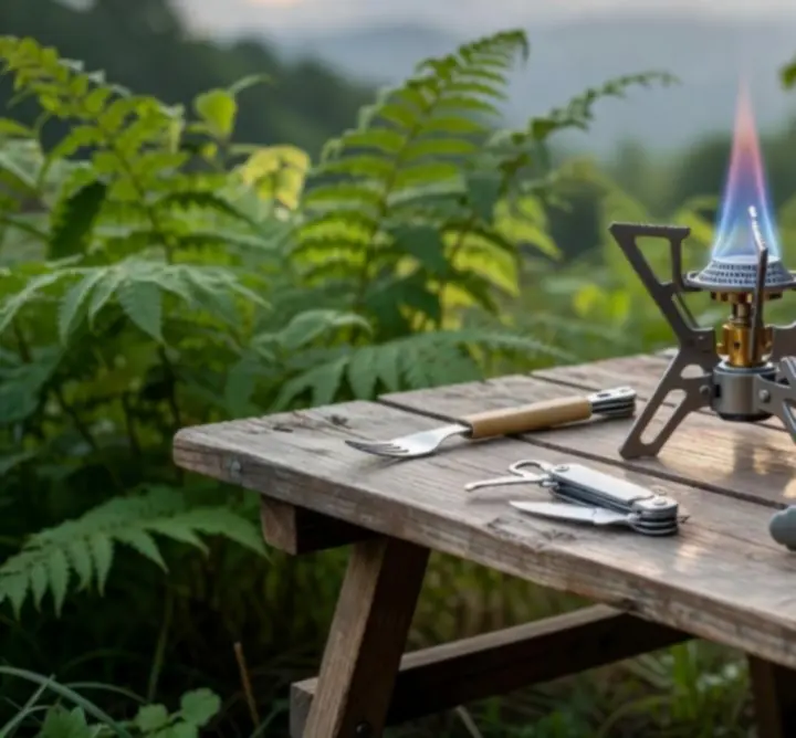 Hordozható gázfőző, edények és evőeszközök egy erdei táborhelyen