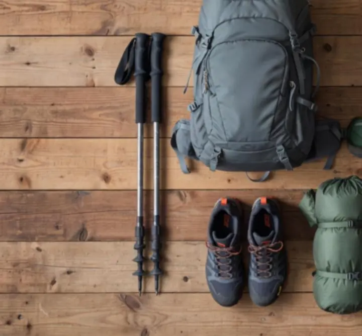 Síkszerű elrendezésben bemutatott túrafelszerelés: hátizsák, túrabotok, sátrak és kiegészítők